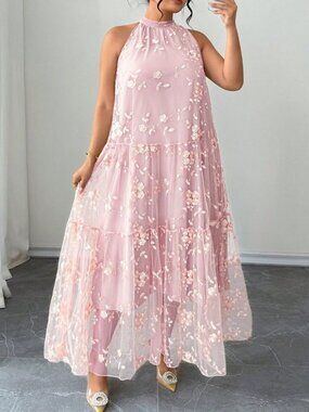 Pink Elegant Women's Plus Size Halter Dress